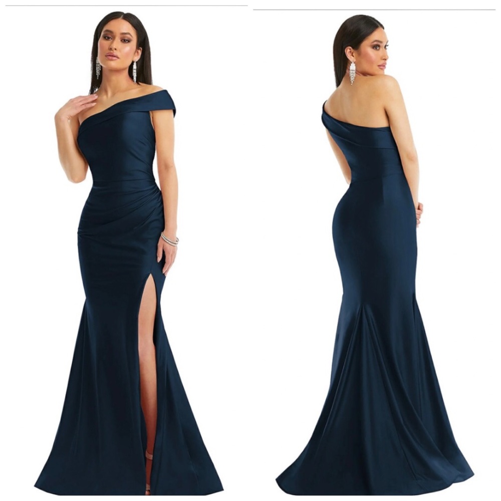 NWT Cynthia & Sahar One-Shoulder Stretch Satin Mermaid Dress Navy XL